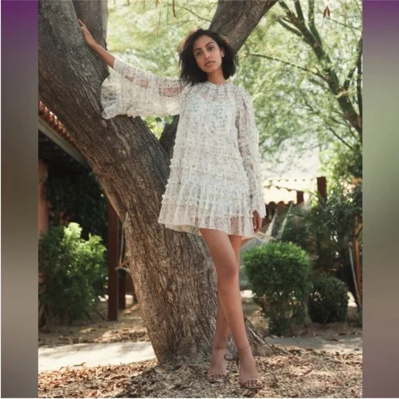 Mac Duggal Long-Sleeve Printed Mesh A-Line Mini Dress - Picture 2 of 13